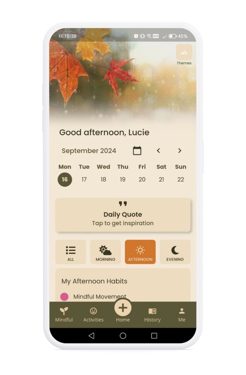 Risefully app showcasing the Autumn leaves theme.