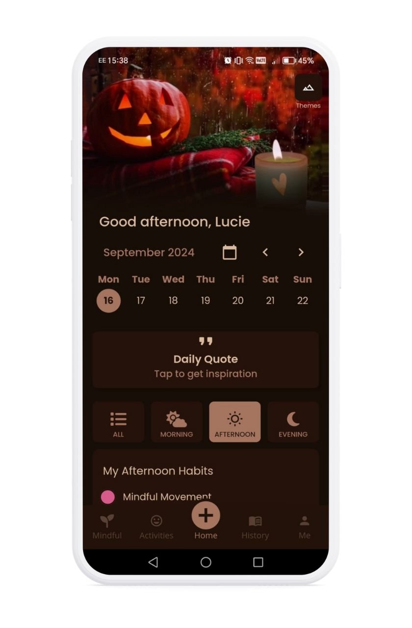 Risefully app showcasing the Autumn pumpkin theme.