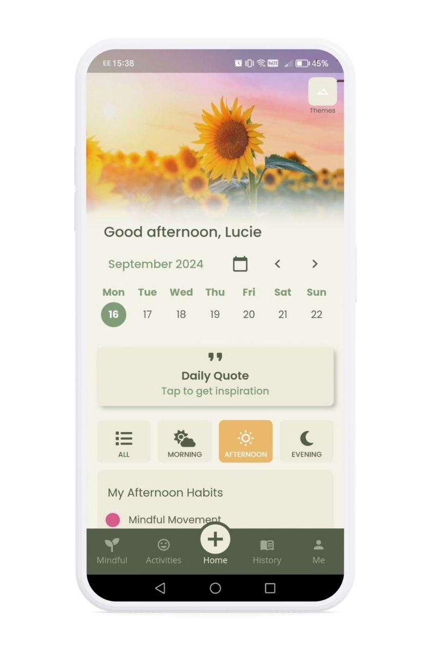 Risefully app showcasing the Sunflower Fields theme.